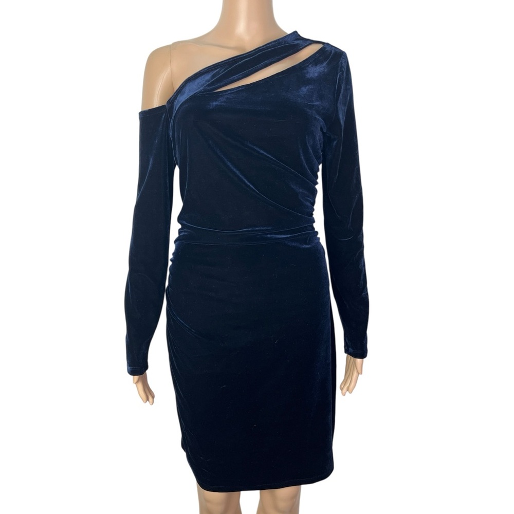 REISS New Camilla Blue Velvet Asymmetric Neck Cutout Party Cocktail Dress